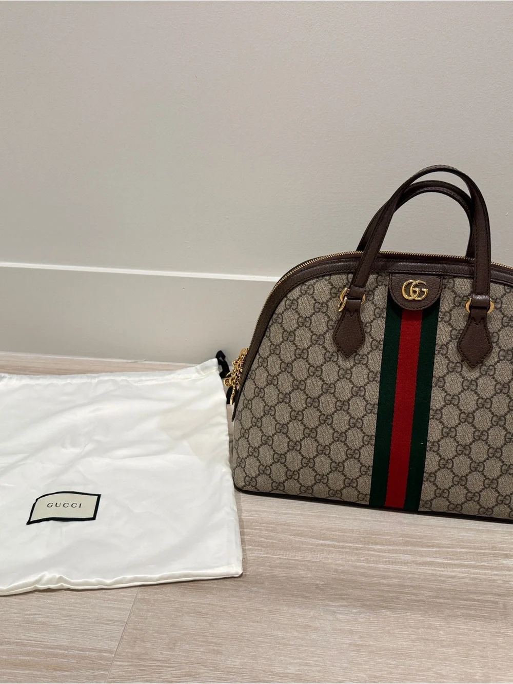 Gucci Brown/Beige GG Canvas Satchel with Green-Red Web Stripe